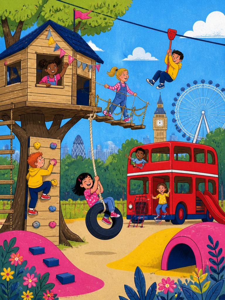 Illustrated London adventure playground with a treehouse, zip line and bus play structure