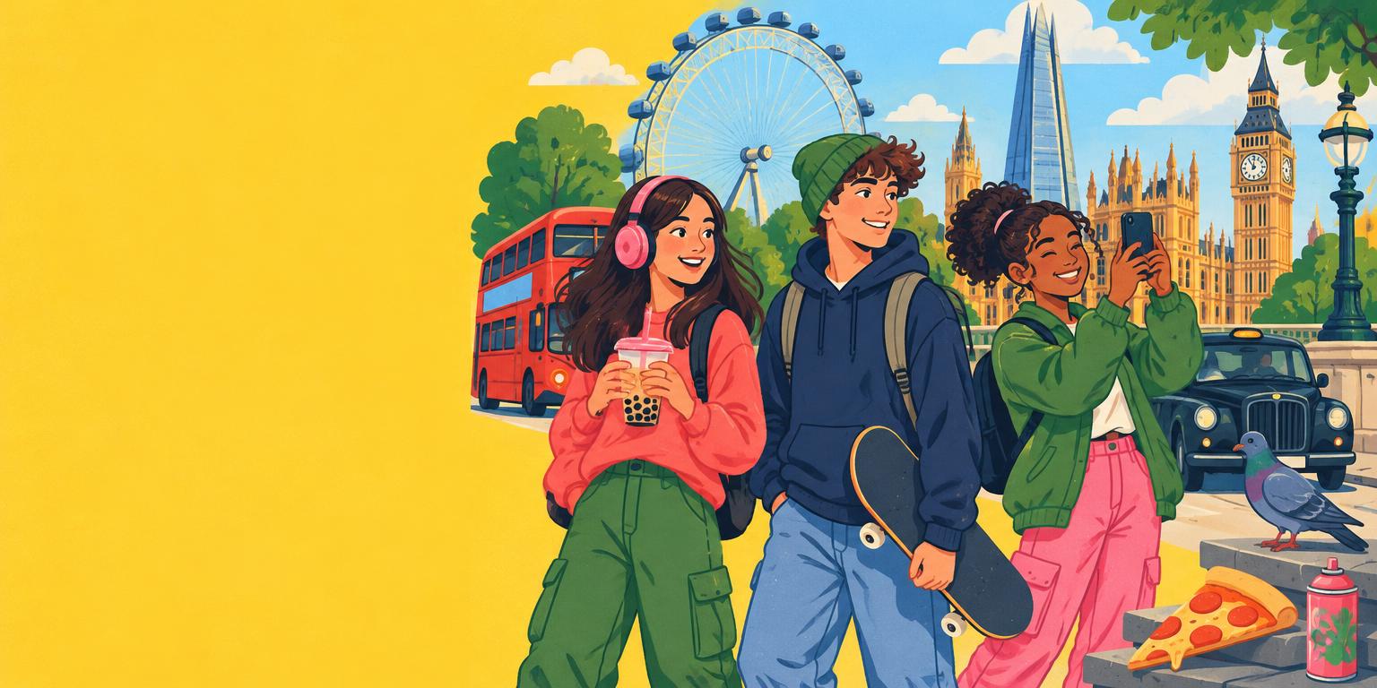 Three teenagers exploring London together, with a bus, the London Eye and the Shard